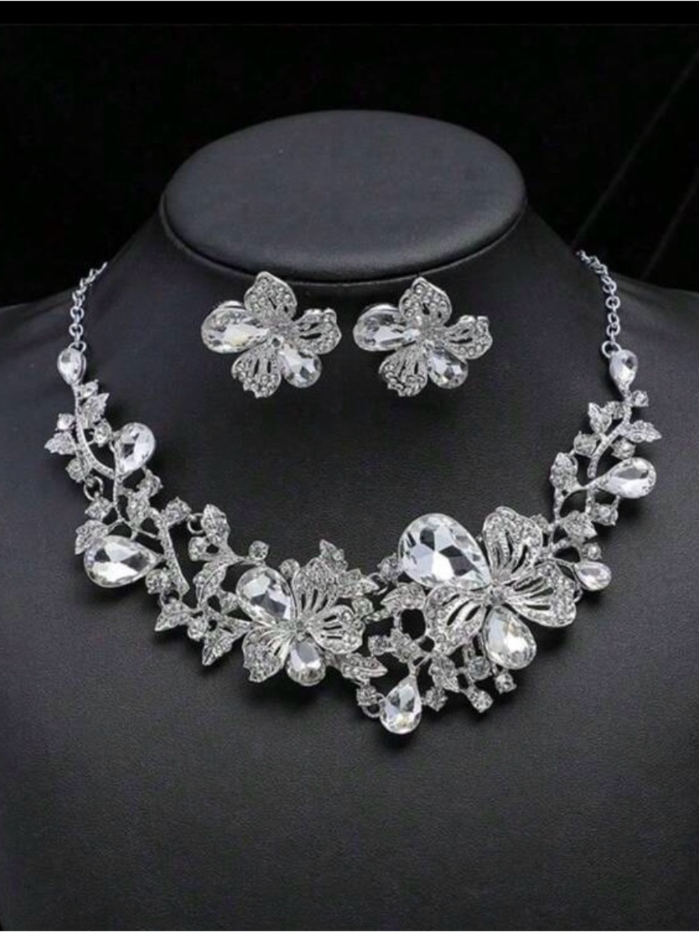 Silver Crystal Floral Necklace and Earring Set